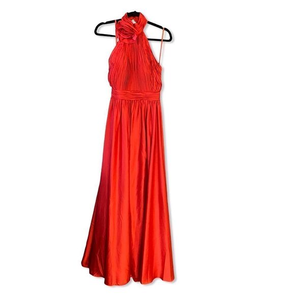 NWT Mac Duggal Red Soft Tie Halter Neck High Slit Gown dress rosette chiffon 0 - Picture 4 of 12